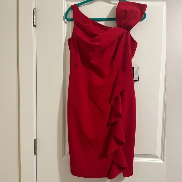 Marina Women’s Red Asymmetrical Sheath Ruffle Dress Size 6